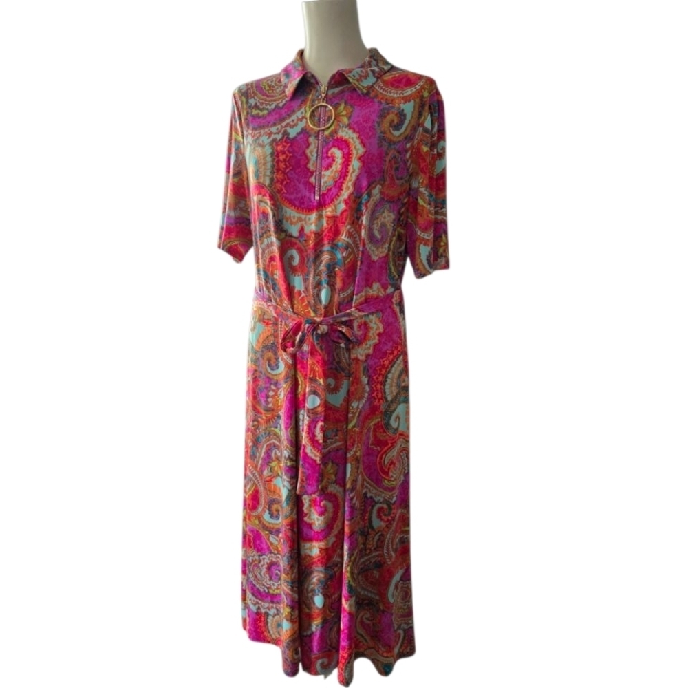 MSK Phsycodelic Paisley Print Midi Dress - Pink and Orange and Blue Hippie 70s